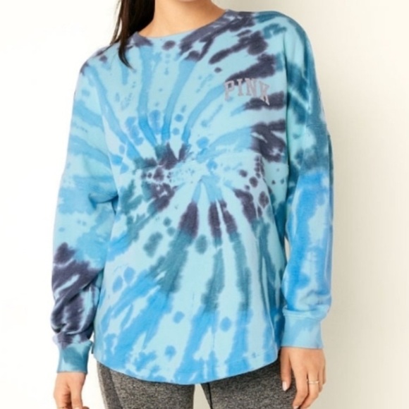 PINK Crew Sweatshirt Light Sky Spiral Tie Dye Oversized Fit XSmall - Picture 1 of 11